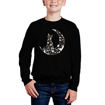 Cat Sitting On Moon - Boy's Word Art Crewneck Sweatshirt