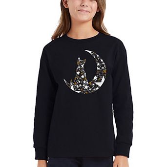 Cat Sitting On Moon - Girl's Word Art Long Sleeve T-Shirt