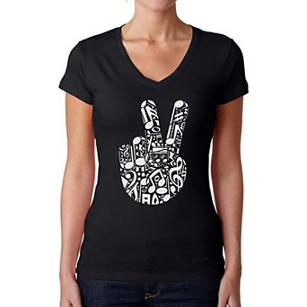 Peace Finger Notes - Women's Word Art V-Neck T-Shirt