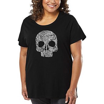 Women's Plus Size Word Art T-shirt - Flower Skull