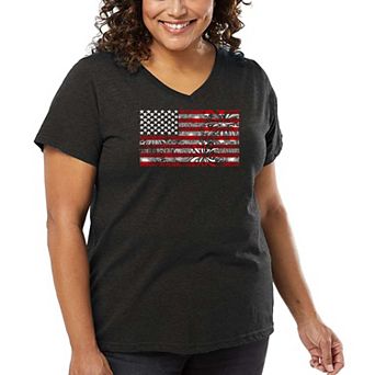 Women's Plus Size Word Art V-Neck - Fireworks American Flag