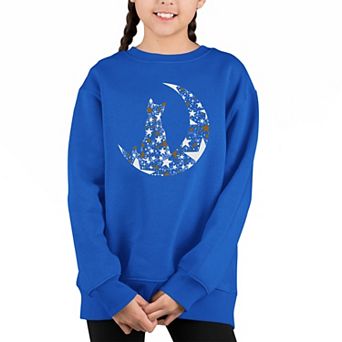 Cat Sitting On Moon - Girl's Word Art Crewneck Sweatshirt