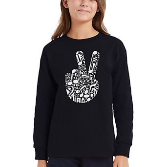 Peace Finger Notes - Girl's Word Art Long Sleeve T-Shirt