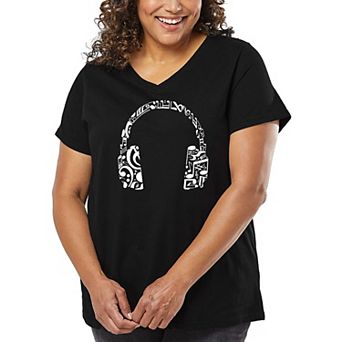 Women's Plus Size Word Art V-Neck - Music Note Headphones