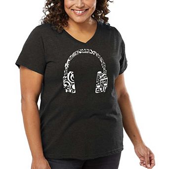 Women's Plus Size Word Art V-Neck - Music Note Headphones
