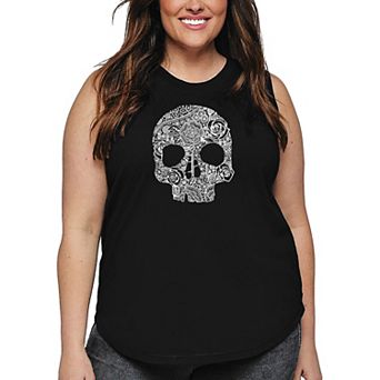Women's Plus Size Word Art Tank Top - Flower Skull
