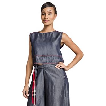 Curvy Women's Tencel Denim Plaid Sleeveless Skimmer Top