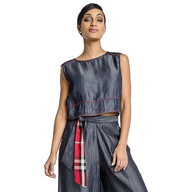 Curvy Women's Tencel Denim Plaid Sleeveless Skimmer Top