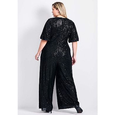Avenue Women's Plus Size Petite Nada Sequin Sleeve Jumpsuit