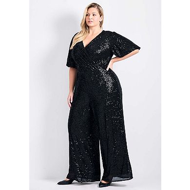 Avenue Women's Plus Size Petite Nada Sequin Sleeve Jumpsuit