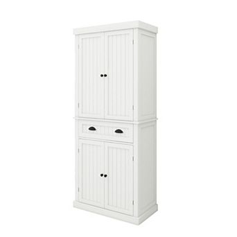 White Wood 29.92 in Pantry Cabinet with Doors and Drawers，Adjustable Shelves