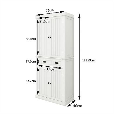 White Wood 29.92 in. Pantry Cabinet with Doors and Drawers，Adjustable Shelves