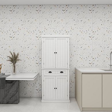 White Wood 29.92 in. Pantry Cabinet with Doors and Drawers，Adjustable Shelves