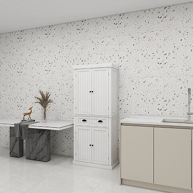 White Wood 29.92 in. Pantry Cabinet with Doors and Drawers，Adjustable Shelves