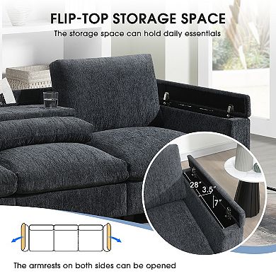 Merax Chenille Sectional Sofa with Bluetooth Speaker, Drop-Down Table, USB Charger & Cup Holders