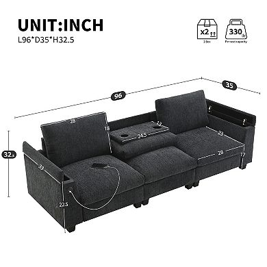 Merax Chenille Sectional Sofa with Bluetooth Speaker, Drop-Down Table, USB Charger & Cup Holders