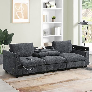 Merax Chenille Sectional Sofa with Bluetooth Speaker, Drop-Down Table, USB Charger & Cup Holders