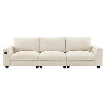 Merax Chenille Sectional Sofa with Bluetooth Speaker, Drop-Down Table, USB Charger & Cup Holders