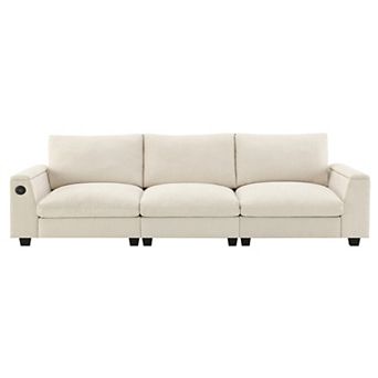 Merax Chenille Sectional Sofa with Bluetooth Speaker, Drop-Down Table, USB Charger & Cup Holders