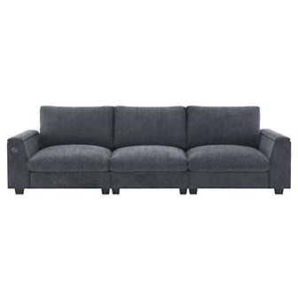 Merax Chenille Sectional Sofa with Bluetooth Speaker, Drop-Down Table, USB Charger & Cup Holders
