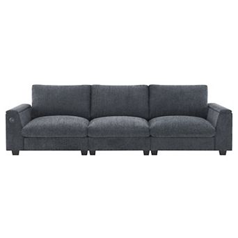Merax Chenille Sectional Sofa with Bluetooth Speaker, Drop-Down Table, USB Charger & Cup Holders