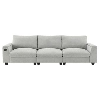 Merax Chenille Sectional Sofa with Bluetooth Speaker, Drop-Down Table, USB Charger & Cup Holders