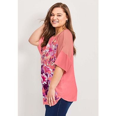 Avenue Women's Plus Size Mixed Media Floral Print Top