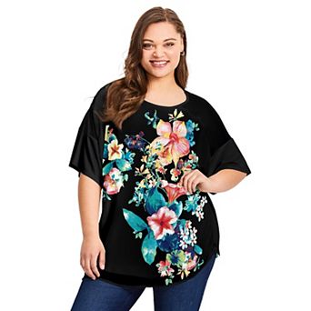 Avenue Women's Plus Size Mixed Media Floral Print Top