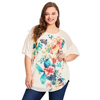 Avenue Women's Plus Size Mixed Media Floral Print Top