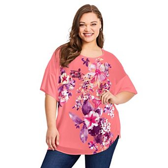 Avenue Women's Plus Size Mixed Media Floral Print Top