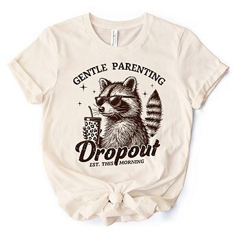 Gentle Parenting Dropout Raccoon T-Shirt, Tired Parent Humor Retro White and Natural Mom Tee