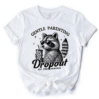 Gentle Parenting Dropout Raccoon T-Shirt, Tired Parent Humor Retro White and Natural Mom Tee