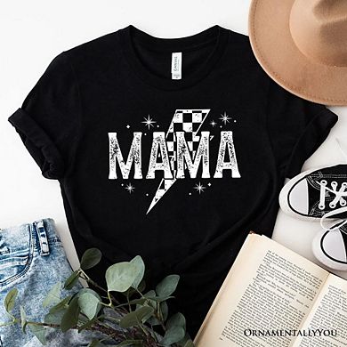 Checkered Lightning Bolt Mama Tee, Vintage Retro Black and White Tee for Energetic Moms