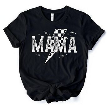 Checkered Lightning Bolt Mama Tee, Vintage Retro Black and White Tee for Energetic Moms