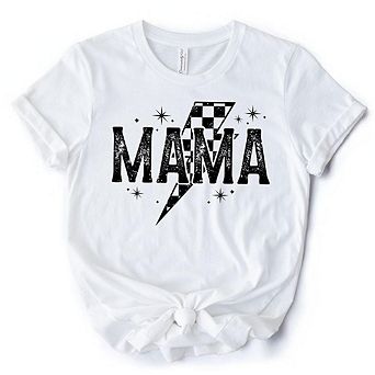 Checkered Lightning Bolt Mama Tee, Vintage Retro Black and White Tee for Energetic Moms