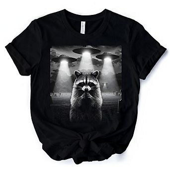 Funny Raccoon UFO T-Shirt, Unisex Black Tee for Space Lover