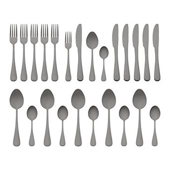 24 pc Silverware Set, Stainless Steel Flatware Set with Supporting Shelf, Serving Utensils Set
