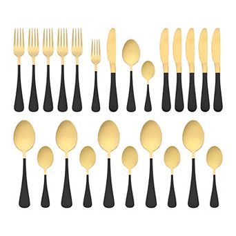 24 pc Silverware Set, Stainless Steel Flatware Set with Supporting Shelf, Serving Utensils Set