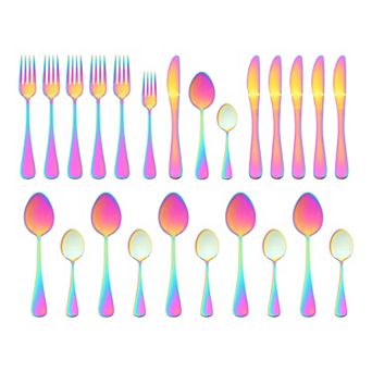 24 pc Silverware Set, Stainless Steel Flatware Set with Supporting Shelf, Serving Utensils Set
