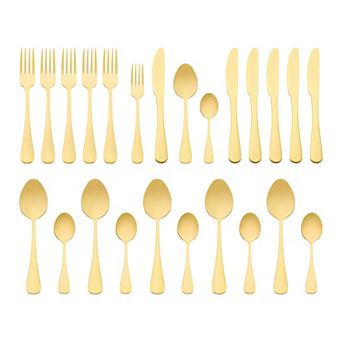 24 pc Silverware Set, Stainless Steel Flatware Set with Supporting Shelf, Serving Utensils Set