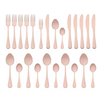 24 pc Silverware Set, Stainless Steel Flatware Set with Supporting Shelf, Serving Utensils Set