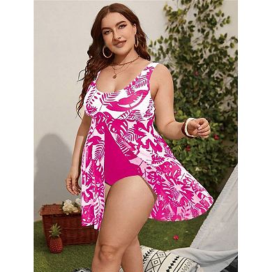 Women Plus Size Printing Net Yarn Swimsuit Bikini Beachwear Swimwear