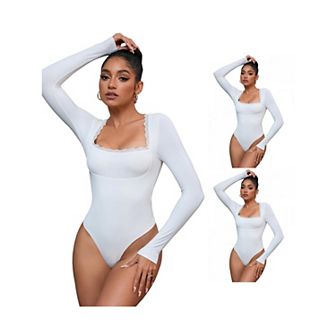 3 Packs Women's Lace Square Neck Shapewear Bodysuit Long Sleeve Tummy Control Leotard Jumpsuits