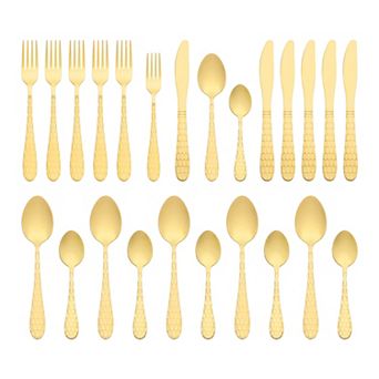 24 pc Silverware Set with Grain, Stainless Steel Flatware Set, Mirror Polished Cutlery Set