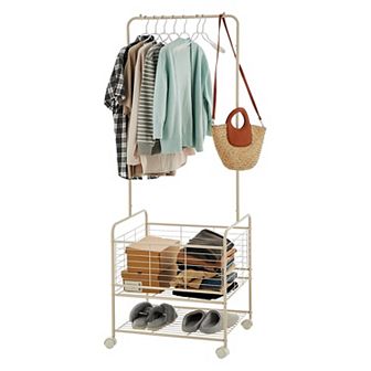Metal Laundry Cart with Hanging Rack & Storage Shelves for Clothes, Towels and Toys