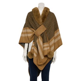 Women's Nanette Lepore Multicolor Zigzag Ruana With Faux Fur Collar