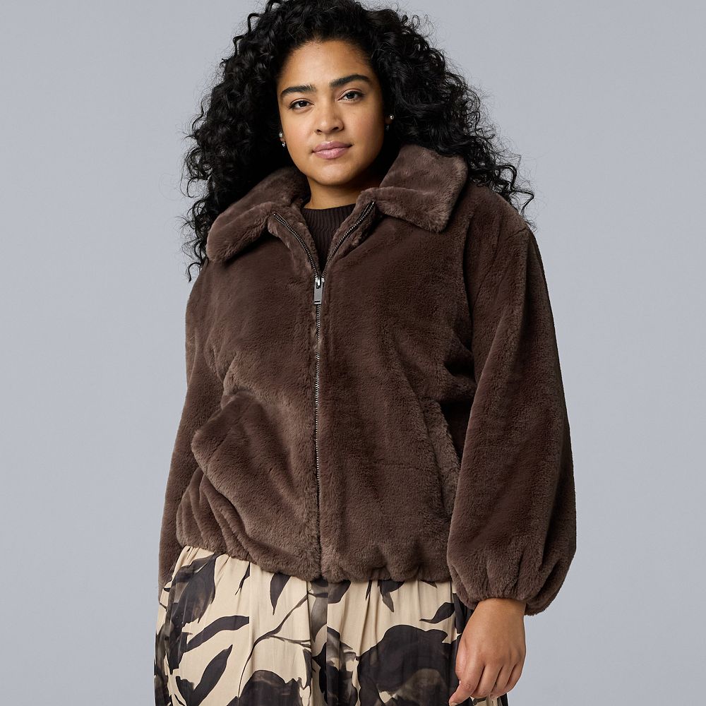 Plus Size Simply Vera Vera Wang Faux Fur Zip Front Jacket