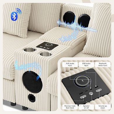 Merax Corduroy Sectional Sofa with Bluetooth Speakers，L Shaped Couch with Console