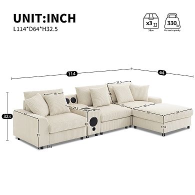 Merax Corduroy Sectional Sofa with Bluetooth Speakers，L Shaped Couch with Console