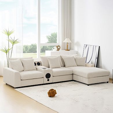 Merax Corduroy Sectional Sofa with Bluetooth Speakers，L Shaped Couch with Console